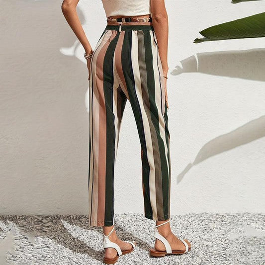 Women Pants Striped Printed With Belt Waist Ankle Office Casual Pants