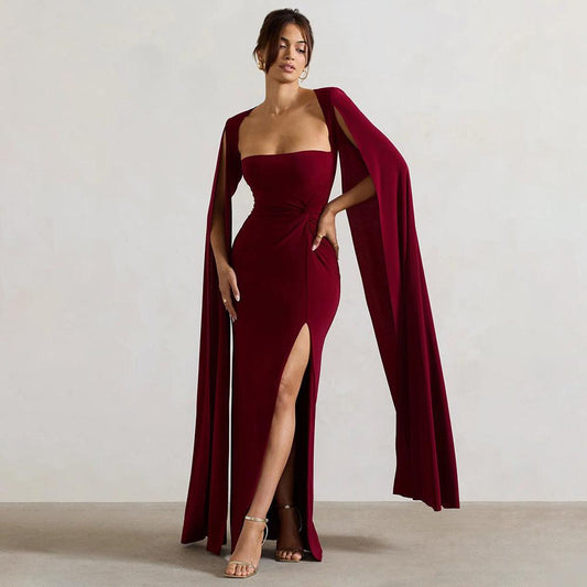 Square Collar Mop Long Sleeve High Slit Maxi Dress