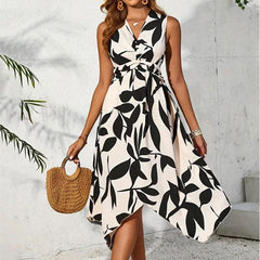 Midi Leaf Print Twist Irregular Asymmetric Floral Dress - 808Lush