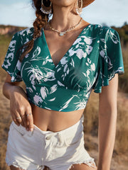 Summer V neck Dark Green Ruffle Sleeve Cropped Top