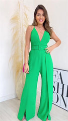 V neck Slit Hem Wide Leg Pants Jumpsuit