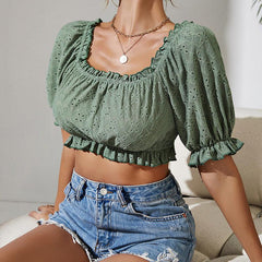 U Collar Lace Puff Sleeve Cropped Top