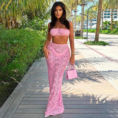 Summer Sexy Lace Top with High Waist See through Long Skirt Two Piece Set - 808Lush