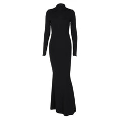 Half Collar Long Sleeve Sexy Bare Back Maxi Dress