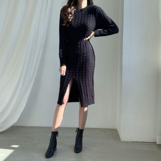 Round Neck Split Sweater Dress