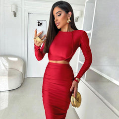 Cropped Long Sleeve Top Slim Pleated Skirt Set