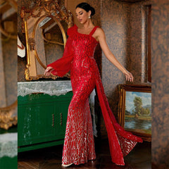 Elegant Sexy Long Sequined Long Sleeve Diagonal Collar Backless Cocktail Evening Dress Bridesmaid Bodycon Maxi Dress Women - 808Lush