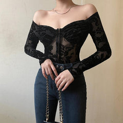 women bodysuit Lace Off Shoulder Long Sleeved - 808Lush