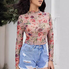 Elegant Mesh Floral Print Long Sleeve Top