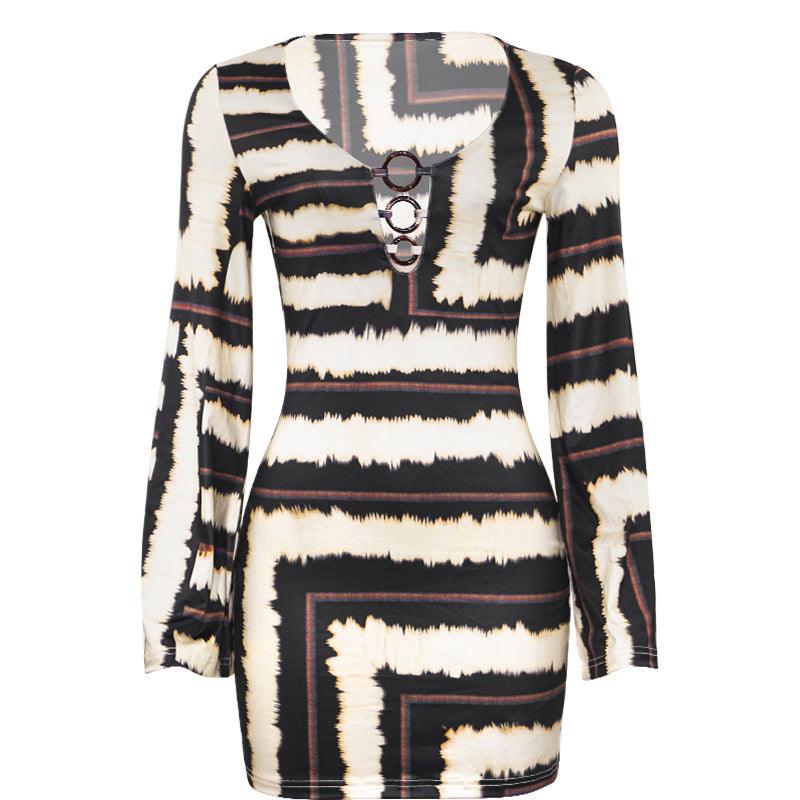 Long Sleeve Striped Abstract Slim Short Dress