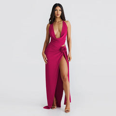 Backless Sexy Deep V Plunge Neck High Slit Skirt Set