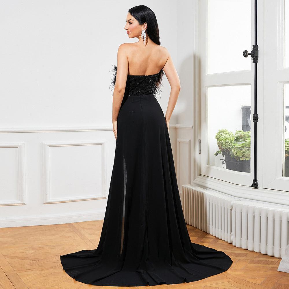 Sexy Long Sequined Sleeveless Feather Wrapped Chest Backless Cocktail Evening Dress Bridesmaid Bodycon Maxi Dress Women - 808Lush