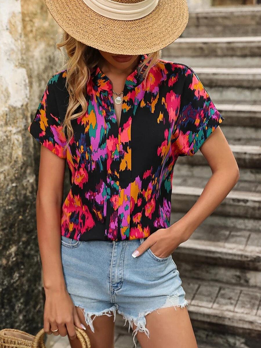 Floral V neck Short Sleeve Women Top