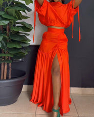 Casual Off Shoulder Drawstring Top Pleated Skirt Two Piece Set