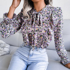 Casual Lace up Ruffled Floral Top