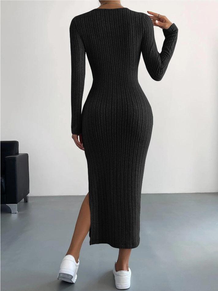 Long Sleeve Crew Neck Split Knitted Maxi Dress - 808Lush