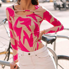 Sexy Elegant Long Sleeve Printed Bodysuit