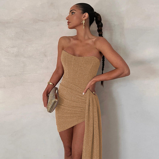 Women Stitching Tied Sexy Bandeau Short Sheath Dress