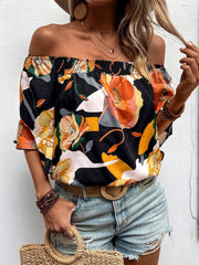 Summer Floral Print Off Shoulder Short Sleeve Blouse