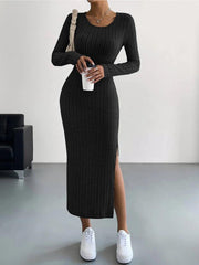 Long Sleeve Crew Neck Split Knitted Maxi Dress - 808Lush