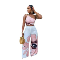 Floral Printed Slim Fit Wide Legged Pants Two Piece Set