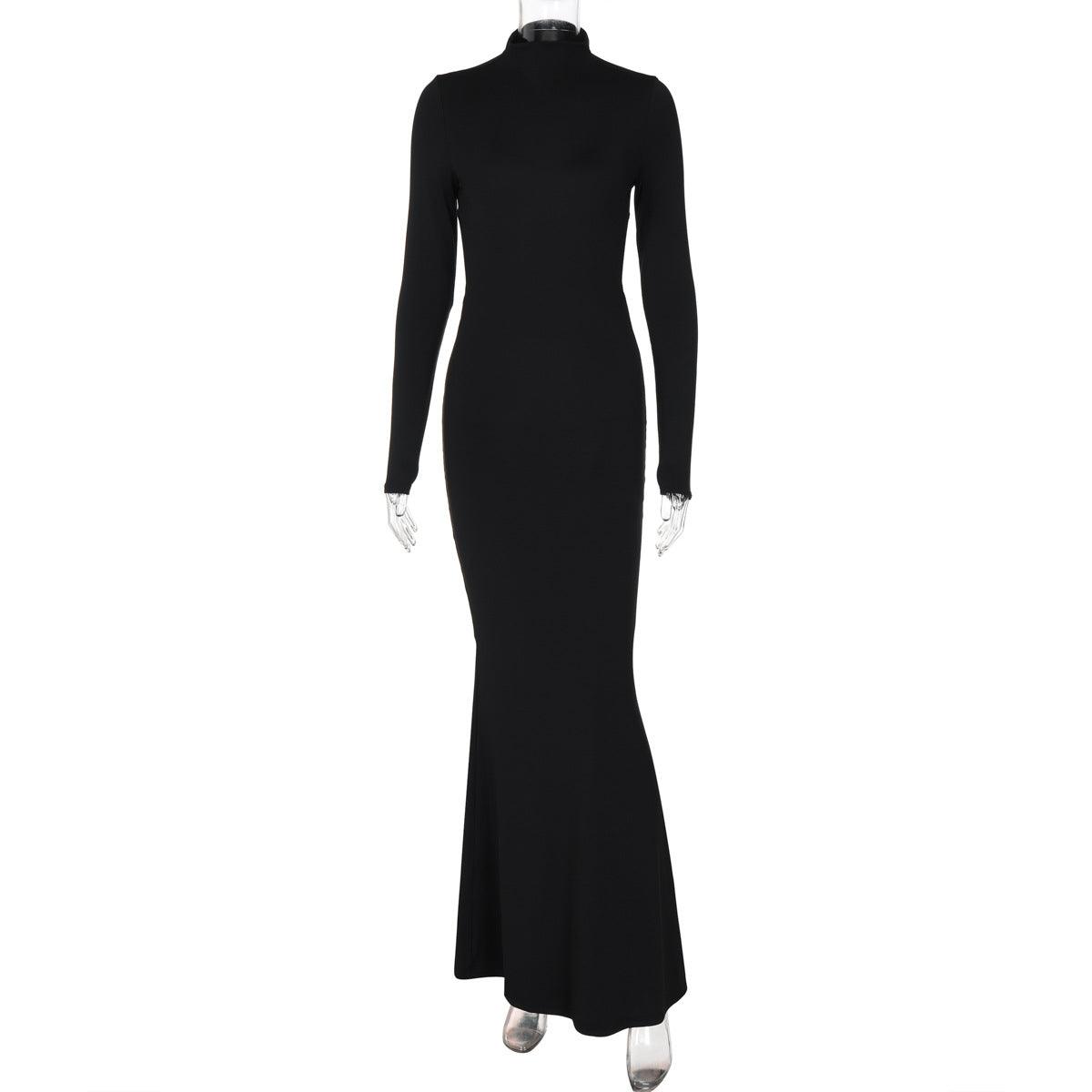 Half Collar Long Sleeve Sexy Bare Back Maxi Dress