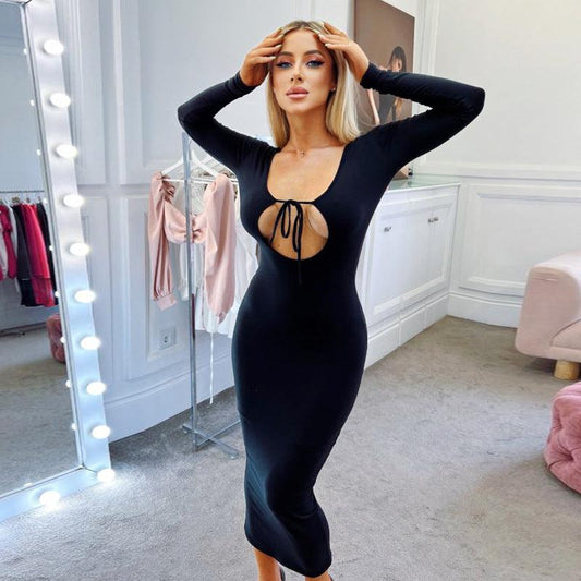 Long Sleeve Hollow Out Backless Sexy Dress - 808Lush