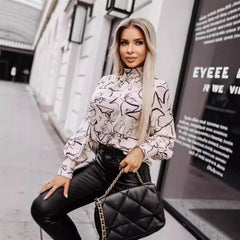 Women Long Sleeve Shirt Printed Turtleneck Elegant Top