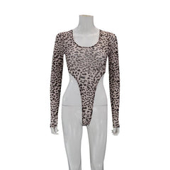 Sexy Mesh Leopard Print Cutout Long Sleeve bodysuit - 808Lush