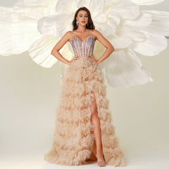 Rhinestone Strapless Long Length Wedding Dress Evening Gown