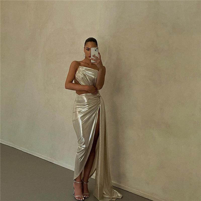 Metallic Sexy Backless Slit Maxi Dress - 808Lush