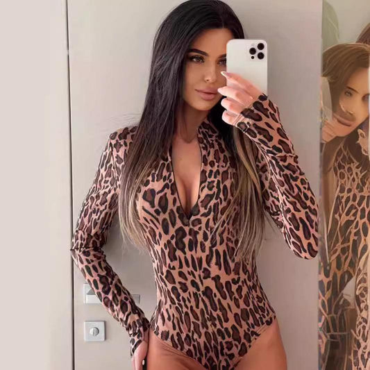 Leopard Print Stand Collar Long Sleeve Bodysuit