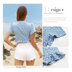 Summer Puff Sleeve Tied Lotus Leaf Floral V-neck Cropped Shirt