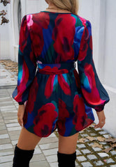 Floral Printing Long Sleeve High Waist Romper