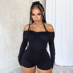 Off Shoulder Pleating Long Sleeve Tight High Waist Romper