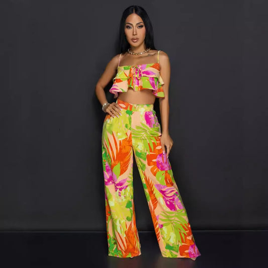 Floral Printed Wide Leg Two Piece Pant Set