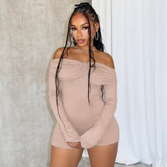 Off Shoulder Pleating Long Sleeve Tight High Waist Romper