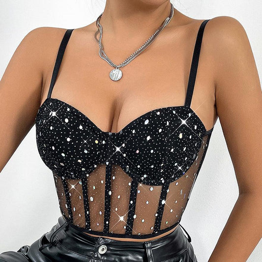 Sexy Low Cut through Stitching Sequined Short Boning Corset Vest - 808Lush
