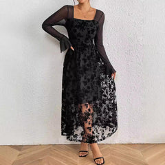 Elegant Black Flocking Lace Splicing Sling Dress Slim Sexy Socialite Dress