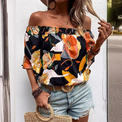 Summer Floral Print Off Shoulder Short Sleeve Blouse