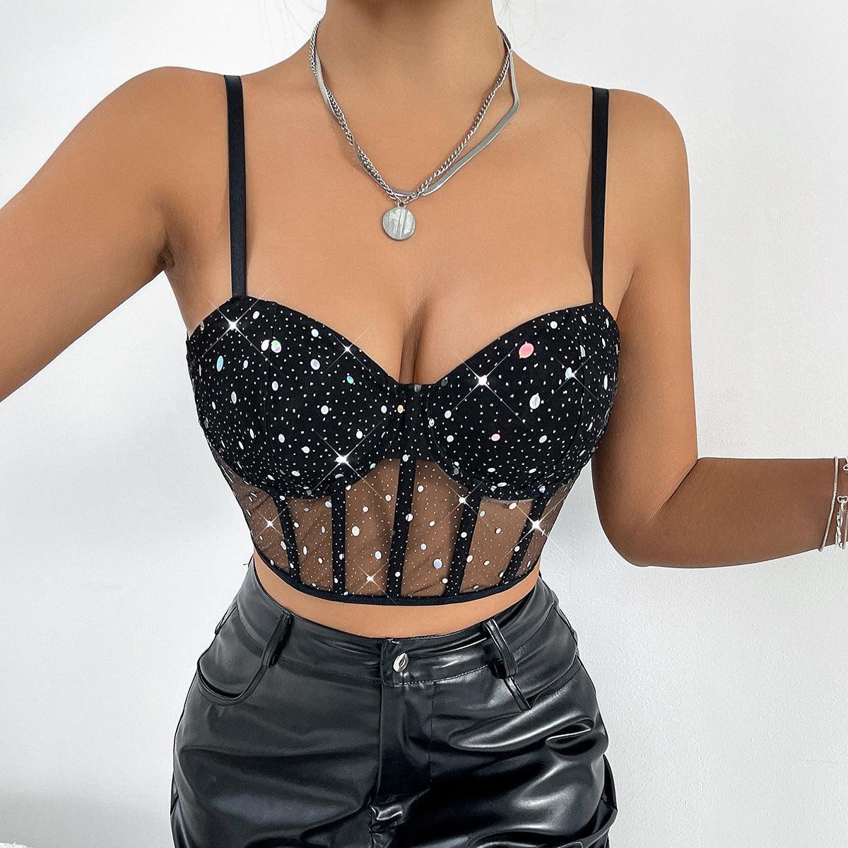 Sexy Low Cut through Stitching Sequined Short Boning Corset Vest - 808Lush