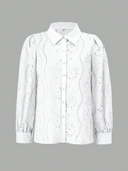 Women Embroidery Long Sleeve Collared Shirt