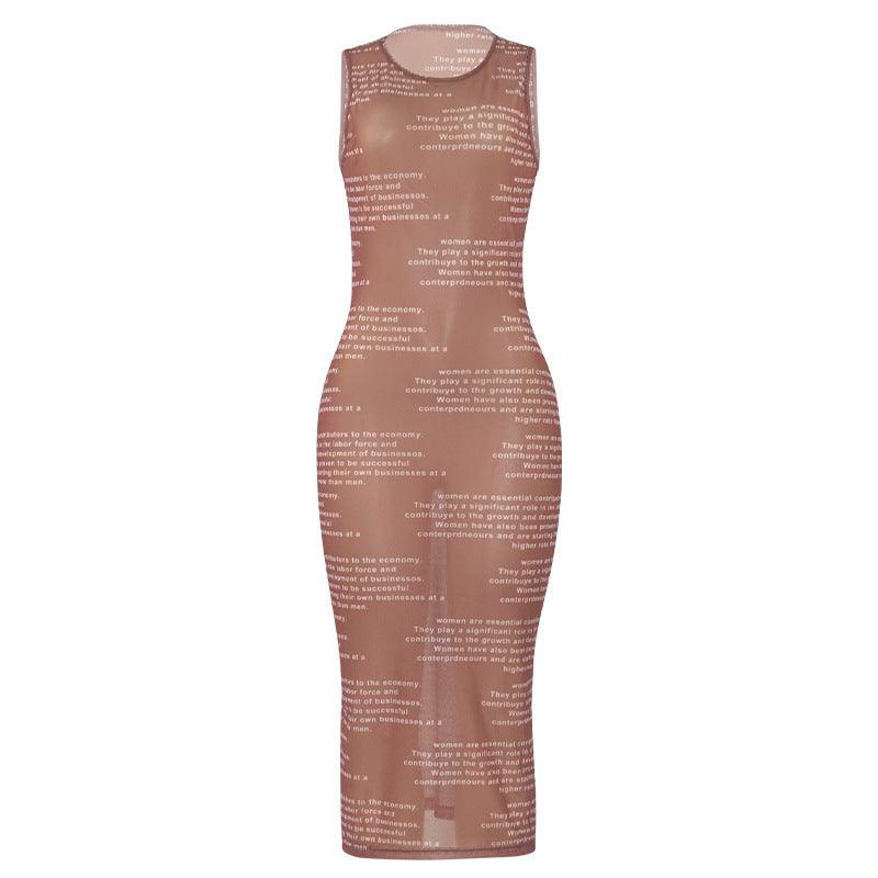 Sleeveless Sexy Mesh Letter Graphic Printing See through Dress