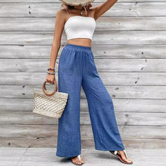 Ladies Wide Leg Pants Mid Waist Elastic Waist Casual