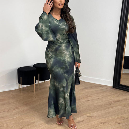 Round Neck Dress Printed Sleeve Maxi Dress