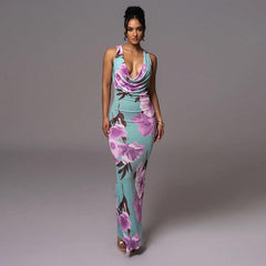 Floral Maxi Dress Printed Collar Vest Dress - 808Lush