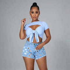 Ripped High Waist Stretch Denim Shorts - 808Lush