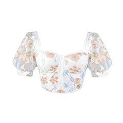 Puff Sleeve Floral Chiffon Steel Ring with Chest Pad Lace French Top Women