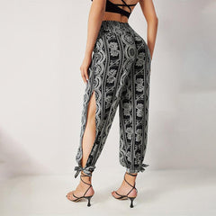 Loose Elegant Printed Hem Ankle Banded Women Slit Pants