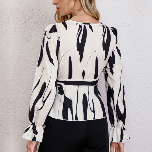 Black White Art Print Long Sleeve Shirt Top